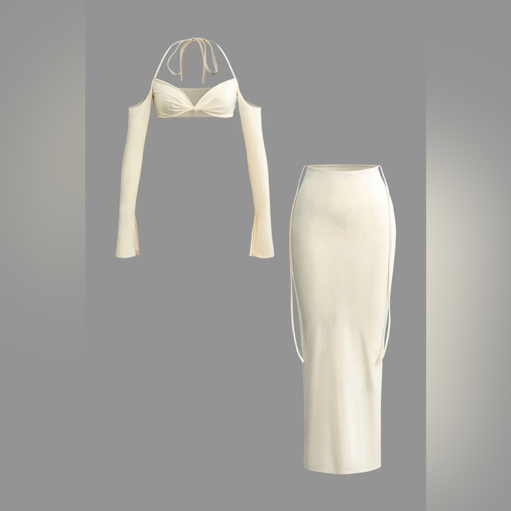 MICAS - Twist Tie Halter Long Sleeve Bra Top And Maxi Skirt Set